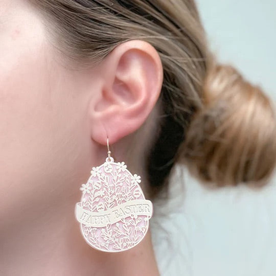 Blooming Floral 'Happy Easter' Egg Dangle Earrings