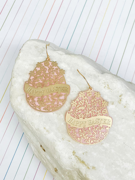 Blooming Floral 'Happy Easter' Egg Dangle Earrings