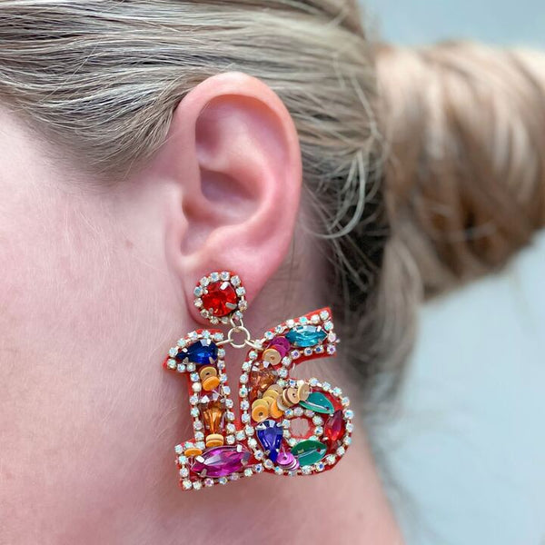 '16' Birthday Celebration Rhinestone Drop Earrings