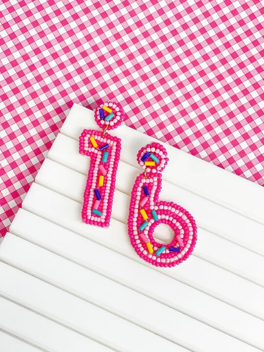 '16' Birthday Beaded Dangle Earrings - Fuchsia