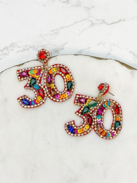 '30' Birthday Celebration Rhinestone Drop Earrings