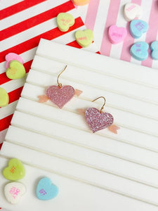 Acrylic Glitter Bow & Arrow Heart Dangle Earrings