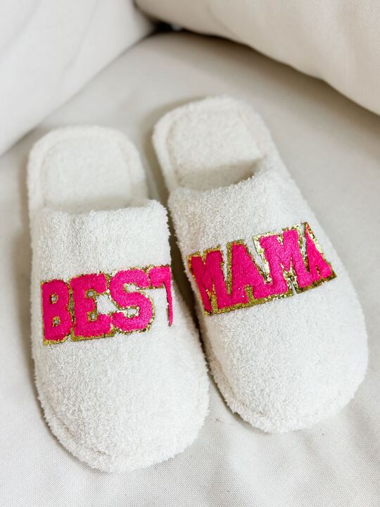 'Best Mama' Embroidered Fuzzy Slippers