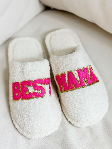'Best Mama' Embroidered Fuzzy Slippers