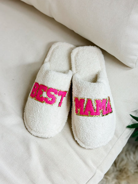 'Best Mama' Embroidered Fuzzy Slippers