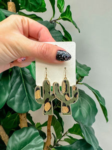 Textured Gold Metallic Cactus Dangle Earrings - Dark Green
