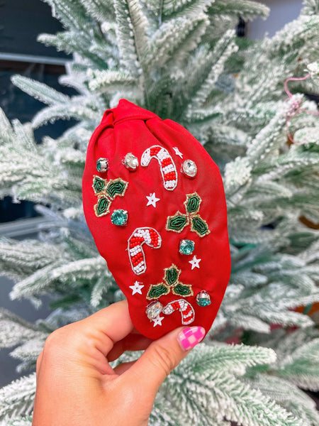 Candy Cane Beaded Top Knot Headband - Red