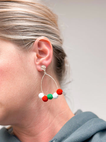 Christmas Oval Pom Pom Hoop Earrings