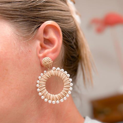 Pearl Lined Raffia Dangle Earrings - Beige