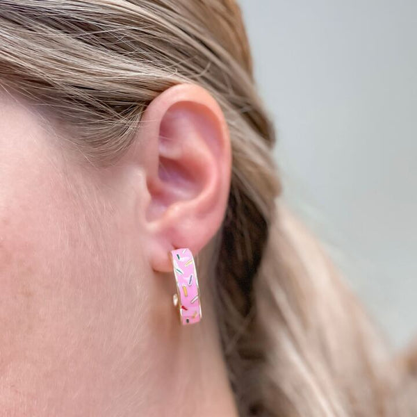 Confetti Cake Enamel Hoop Earrings - Pink