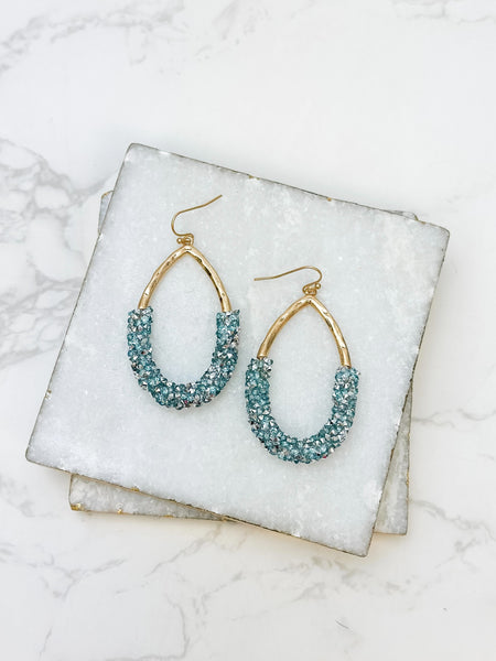 Crystal Encrusted Gold Teardrop Dangle Earrings - Blue