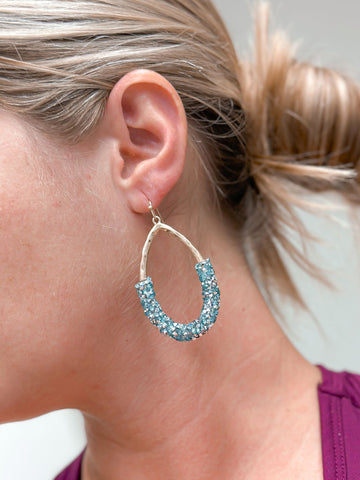 Crystal Encrusted Gold Teardrop Dangle Earrings - Blue