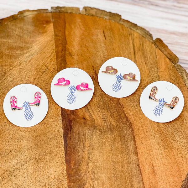 Western Enamel Stud Earrings - Brown Boot