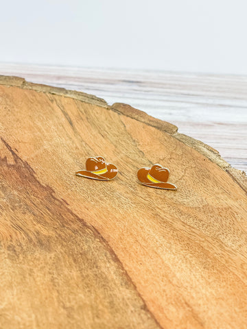 Western Enamel Stud Earrings - Brown Hat