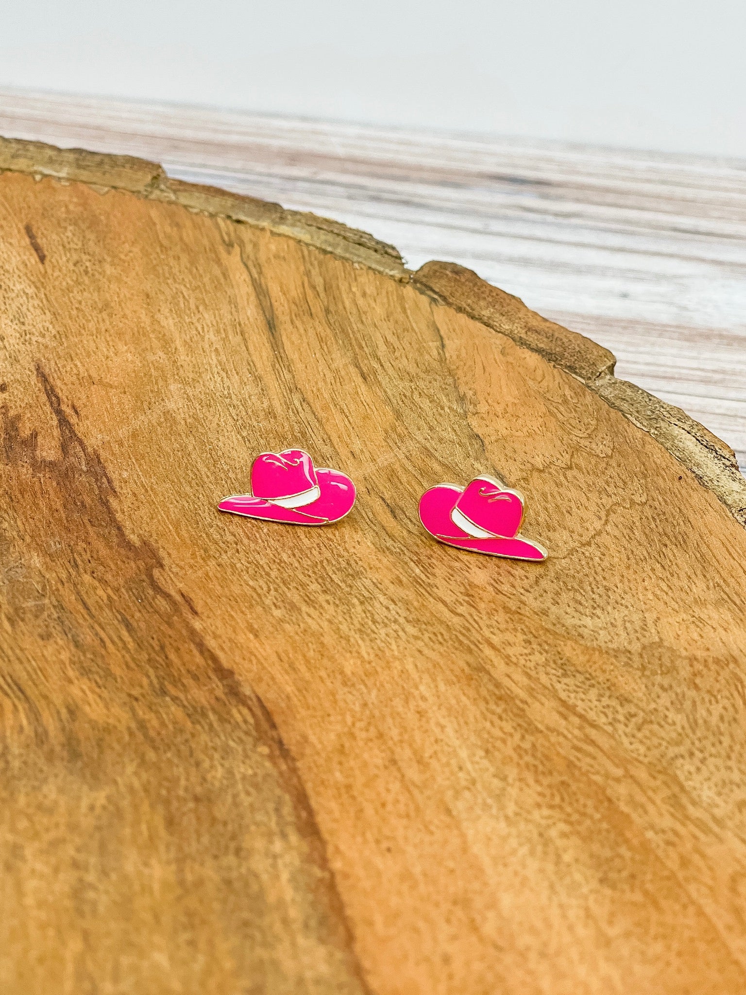 Western Enamel Stud Earrings - Pink Hat