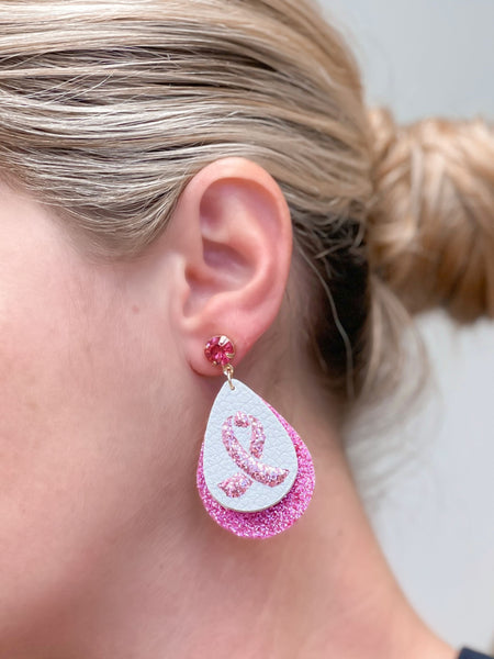 Glitter Breast Cancer Ribbon Guitar Pick Dangle Earrings