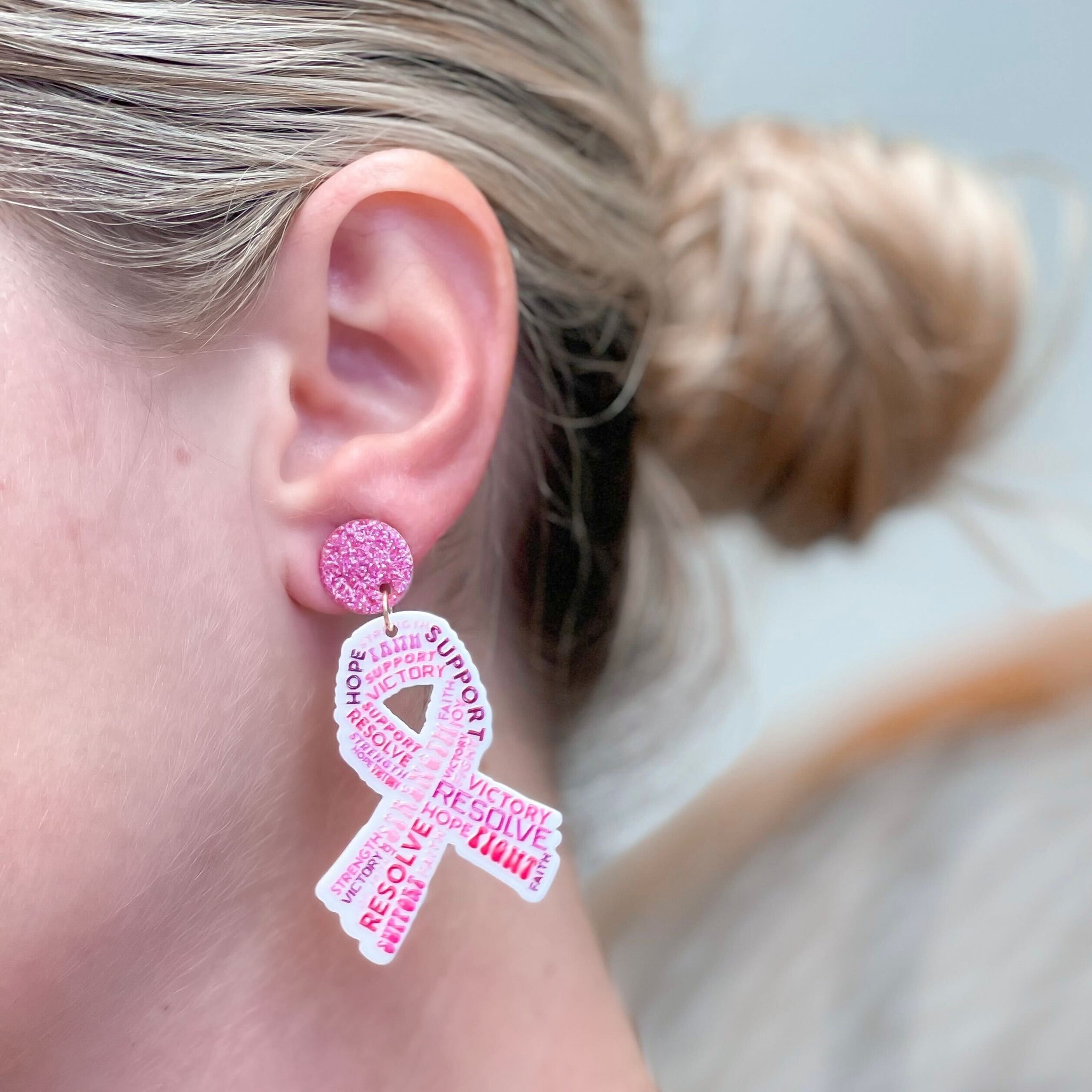 Inspirational Breast Cancer Ribbon Acrylic Dangle Earrings