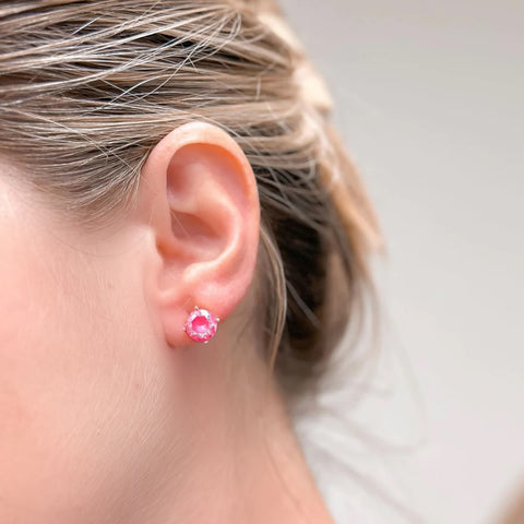 Round Iridescent Glass Crystal Stud Earrings - Pink