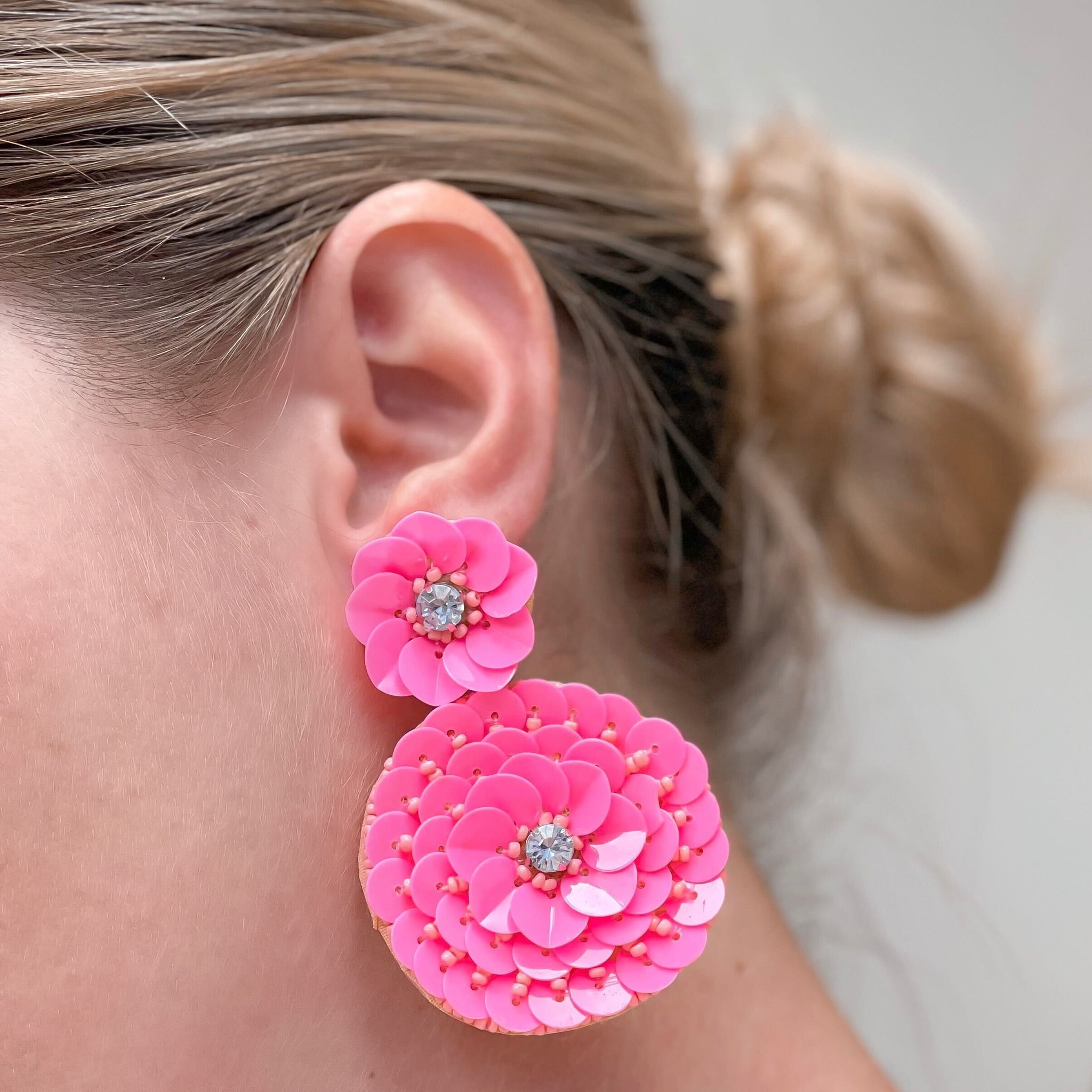 Pink Sequin Flower Drop Earrings