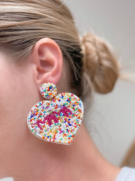 'Mama' Multi Seed Bead Heart Earrings