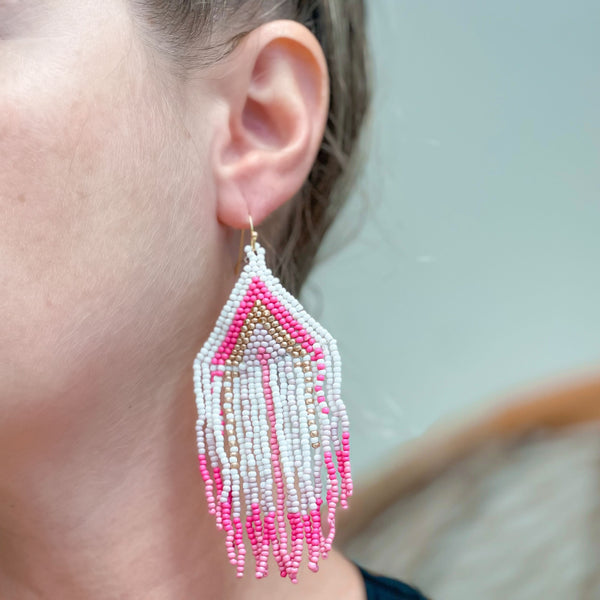 Pink, White & Gold Fringe Seed Bead Dangle Earrings