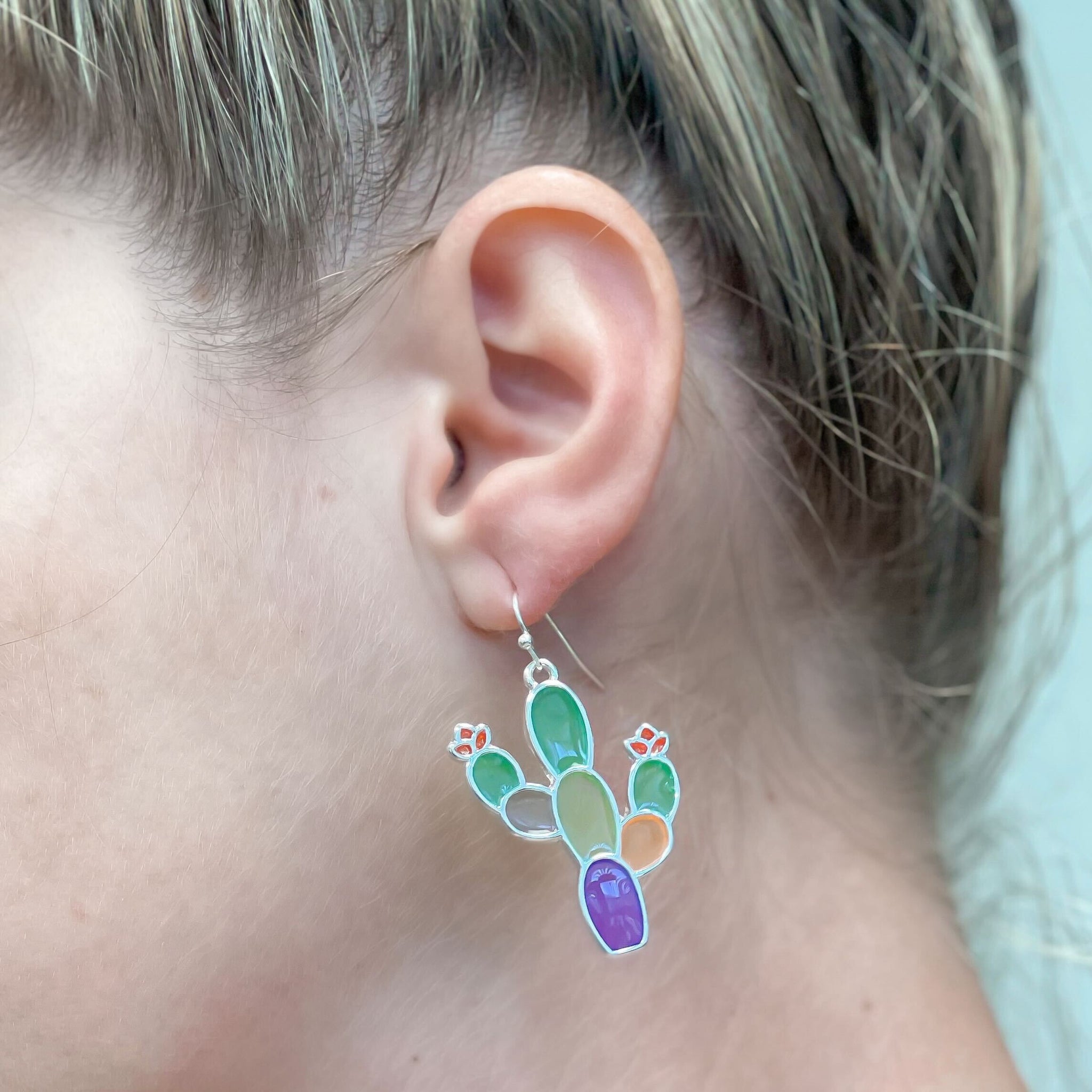 Western Stained Glass Cactus Dangle Earrings