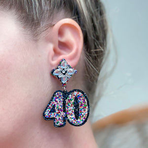 40th Birthday Glitter & Rhinestone Dangle Earrings