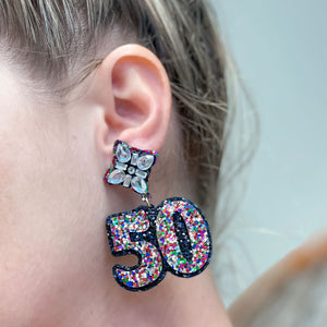 50th Birthday Glitter & Rhinestone Dangle Earrings
