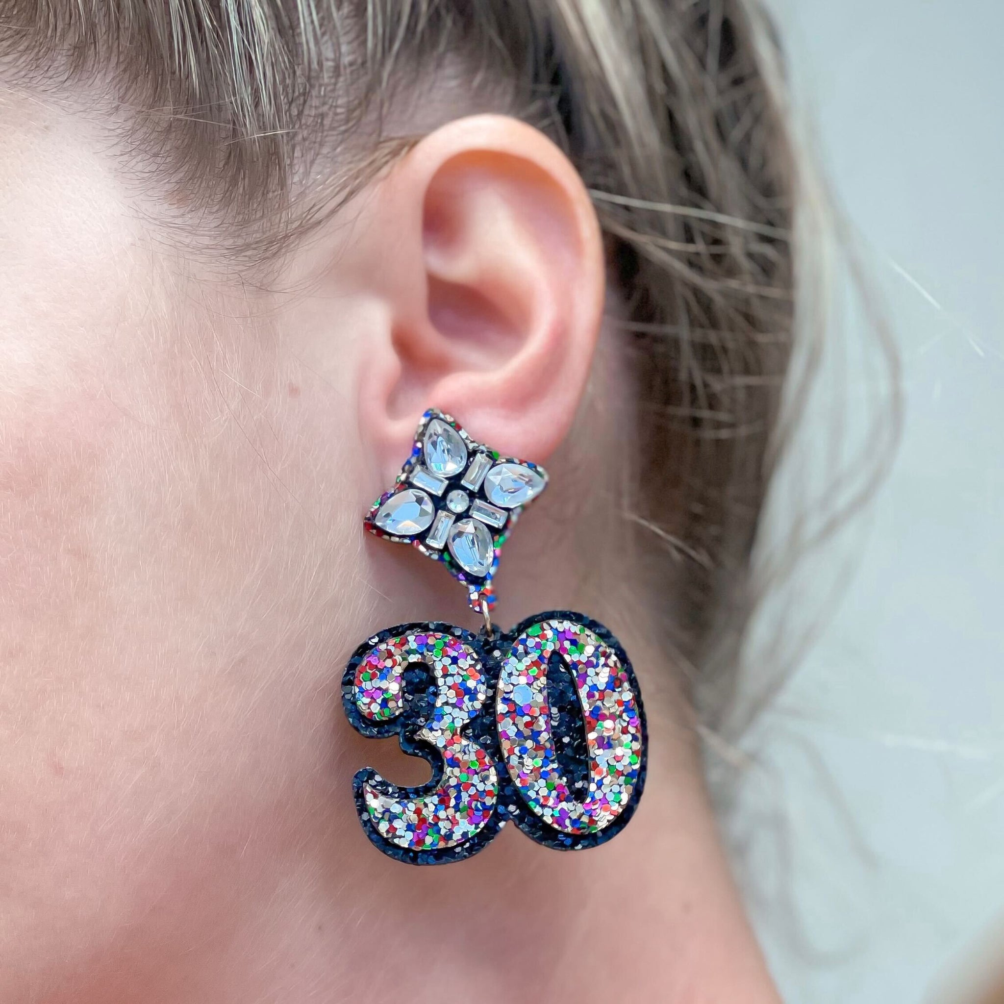 30th Birthday Glitter & Rhinestone Dangle Earrings