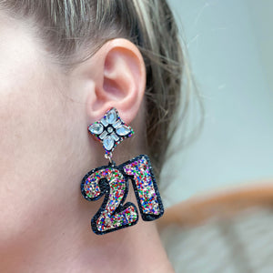 21st Birthday Glitter & Rhinestone Dangle Earrings