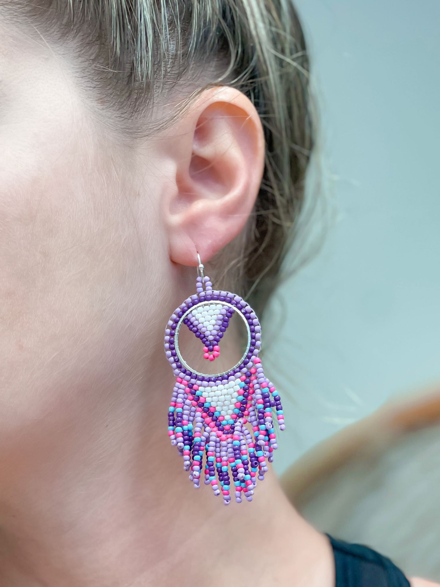 Purple Dreamcatcher Fringe Seed Bead Dangle Earrings