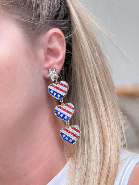 American Flag Heart Trio Dangle Earrings