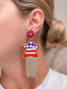 Beaded USA Star Tassel Drop Earrings