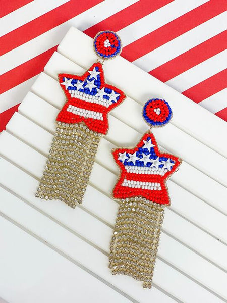 Beaded USA Star Tassel Drop Earrings