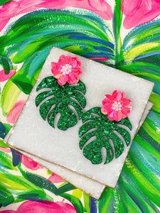 Floral Monstera Glitter Statement Earrings