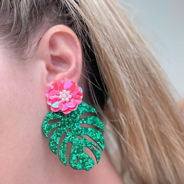 Floral Monstera Glitter Statement Earrings