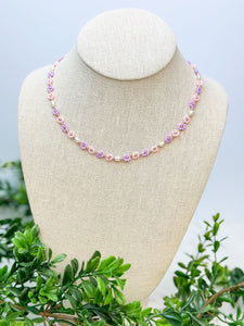 Flower Beaded Necklace - Pink & Purple