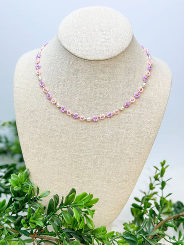Flower Beaded Necklace - Pink & Purple