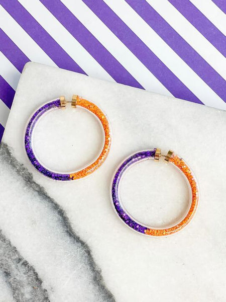 Game Day Jelly Tube Hoop Earrings - Purple & Orange