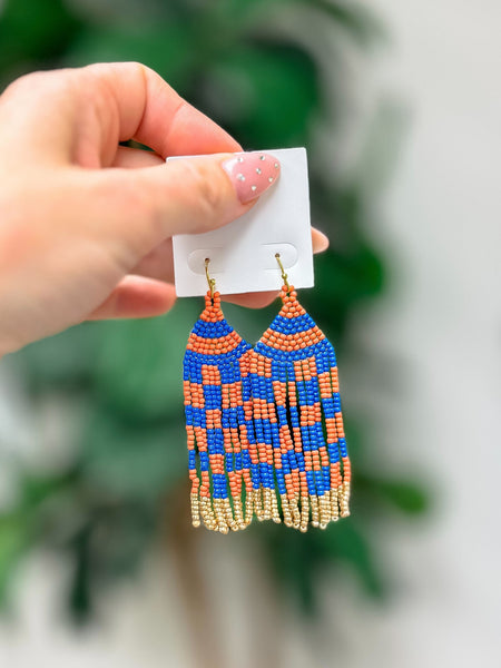 Game Day Seed Bead Fringe Dangle Earrings - Blue & Orange