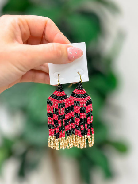 Game Day Seed Bead Fringe Dangle Earrings - Red & Black
