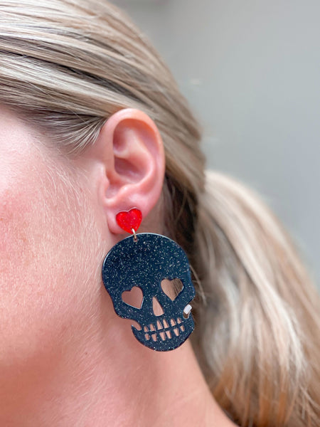 Glitter Heart Skull Dangle Earrings