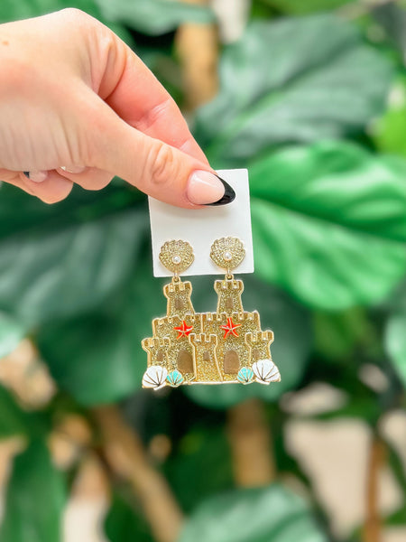 Glitter Sand Castle & Shell Drop Earrings