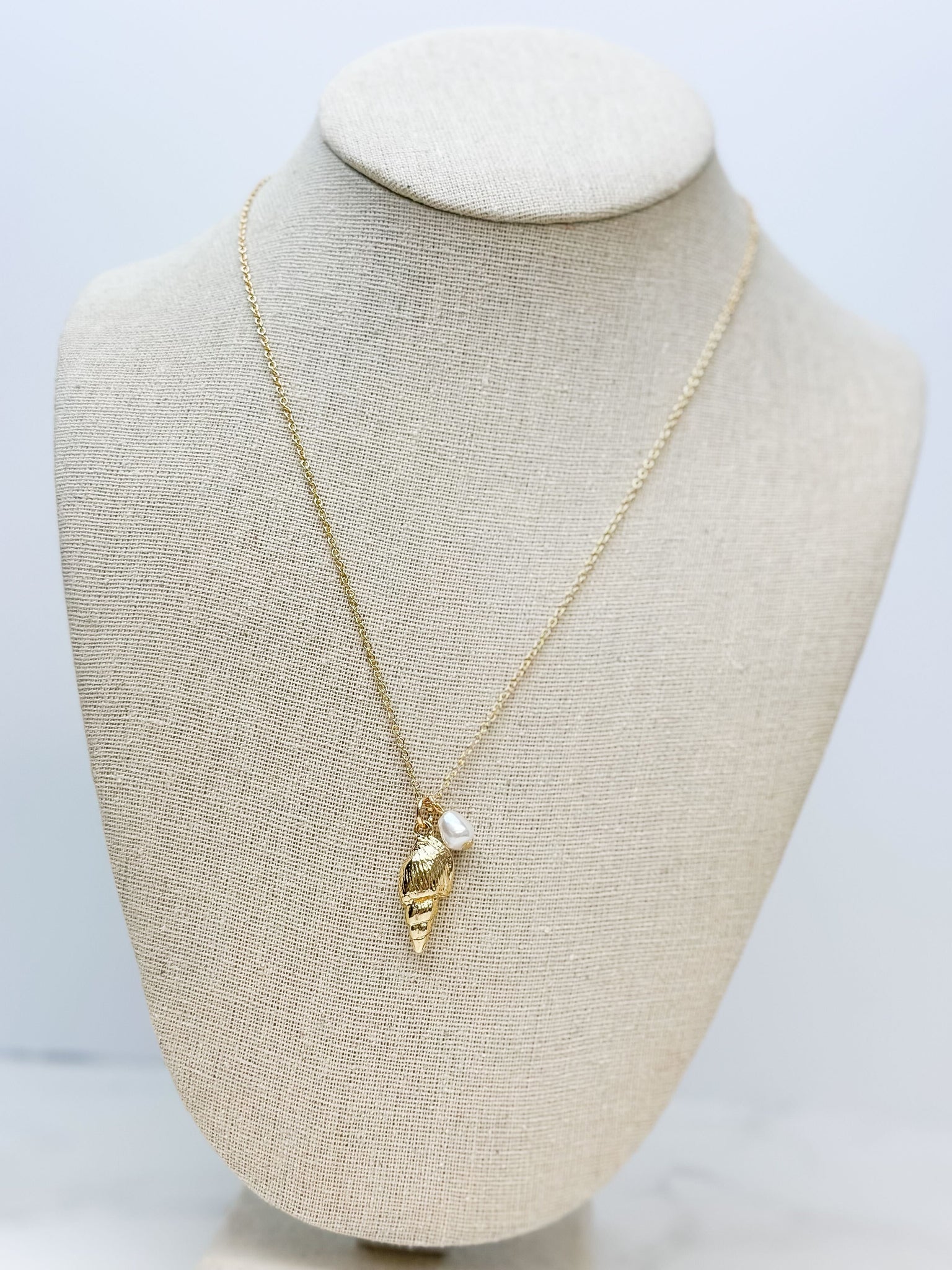 Gold Shell & Pearl Dangle Charm Necklace