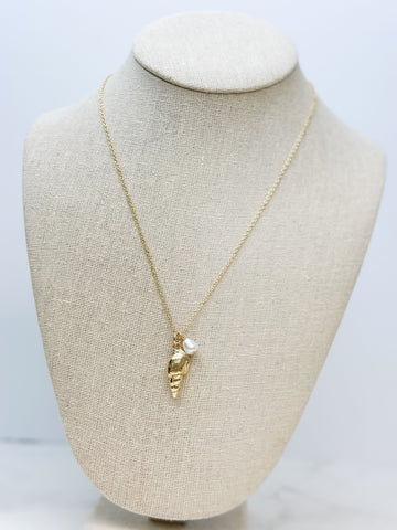 Gold Shell & Pearl Dangle Charm Necklace