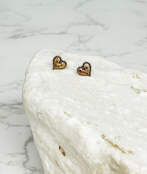Hammered Matte Gold Heart Stud Earrings