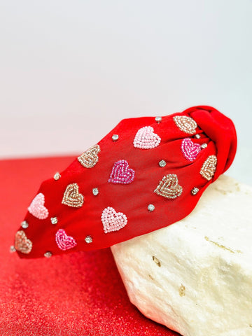 Seed Bead Multi Heart Knotted Headband - Red