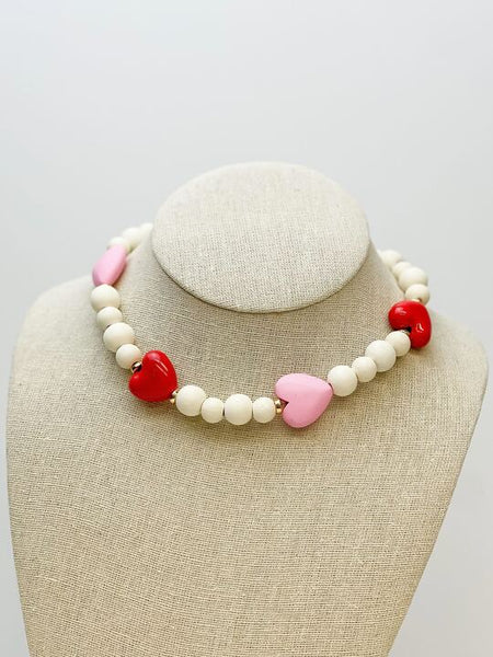 Hearts & White Bead Necklace