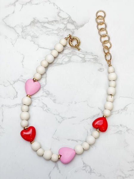 Hearts & White Bead Necklace