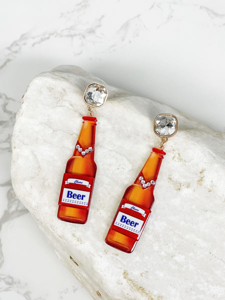 Boozy Bottle Crystal Dangle Earrings - Beer
